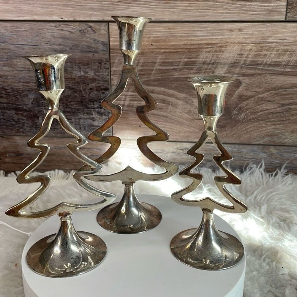 International Silver Co 3 Christmas Tree Silverplated Candlestick Holders Vtg